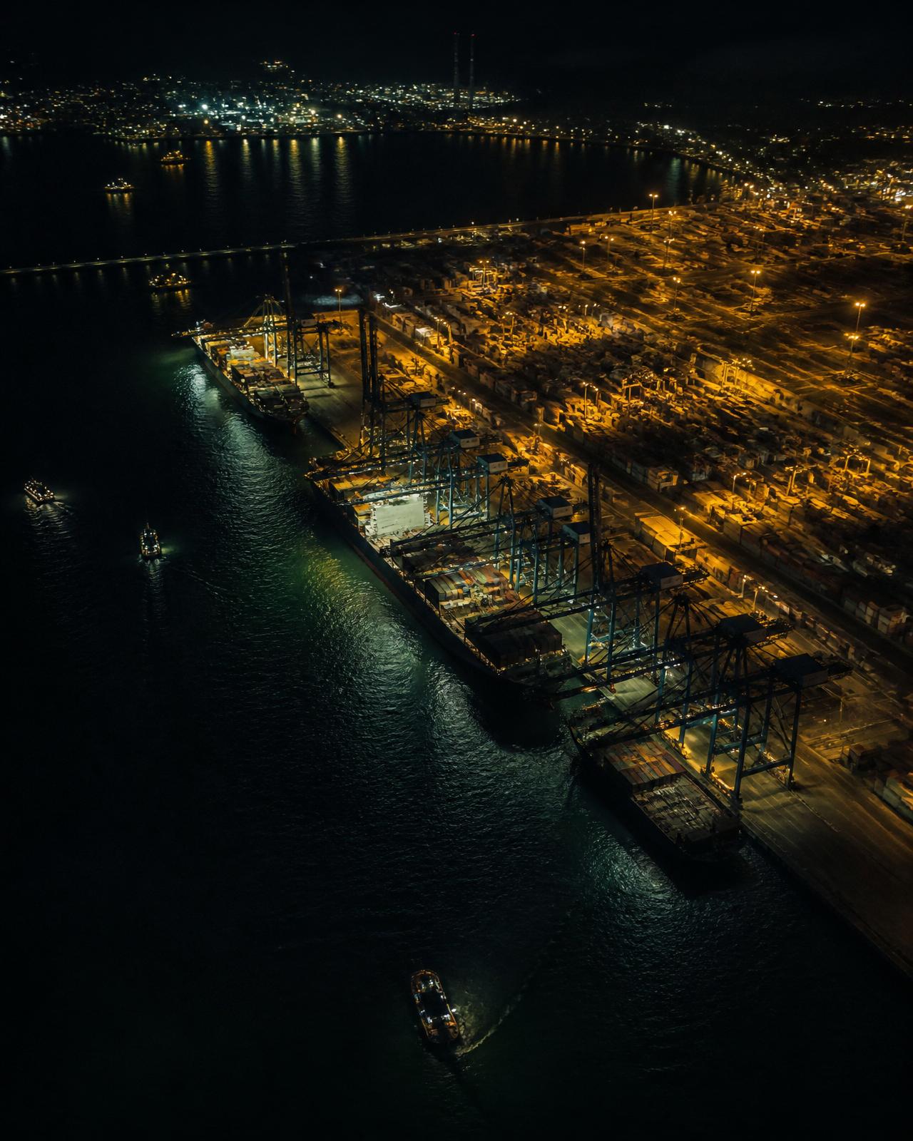 Aerial view of a port terminal at night